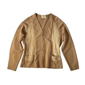 Vintage 70s Suede Knit Cardigan Sweater Patchwork Detail Camel Tan V-Neck M/L